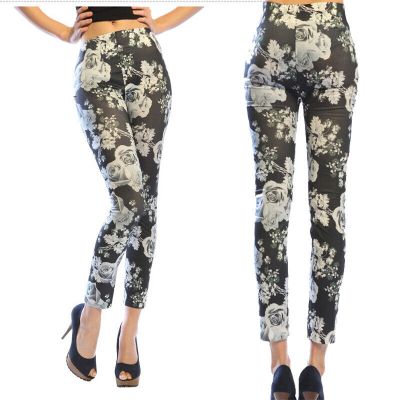 Women Lady Super Soft Stretch Flower Print Leggings Slim Pants Trousers Fashion